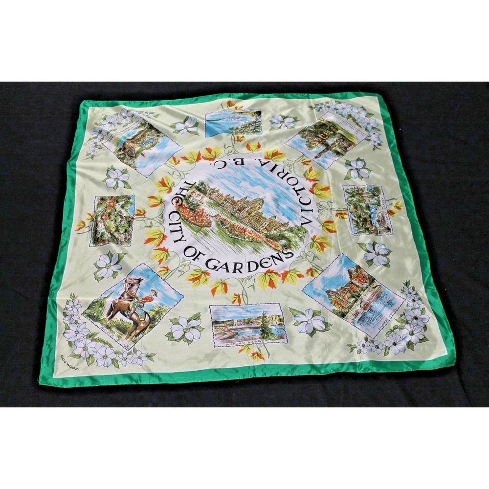 Vintage Victoria BC Canada Souvenir Scarf Hand Printed 31.5" Sq Floral Travel